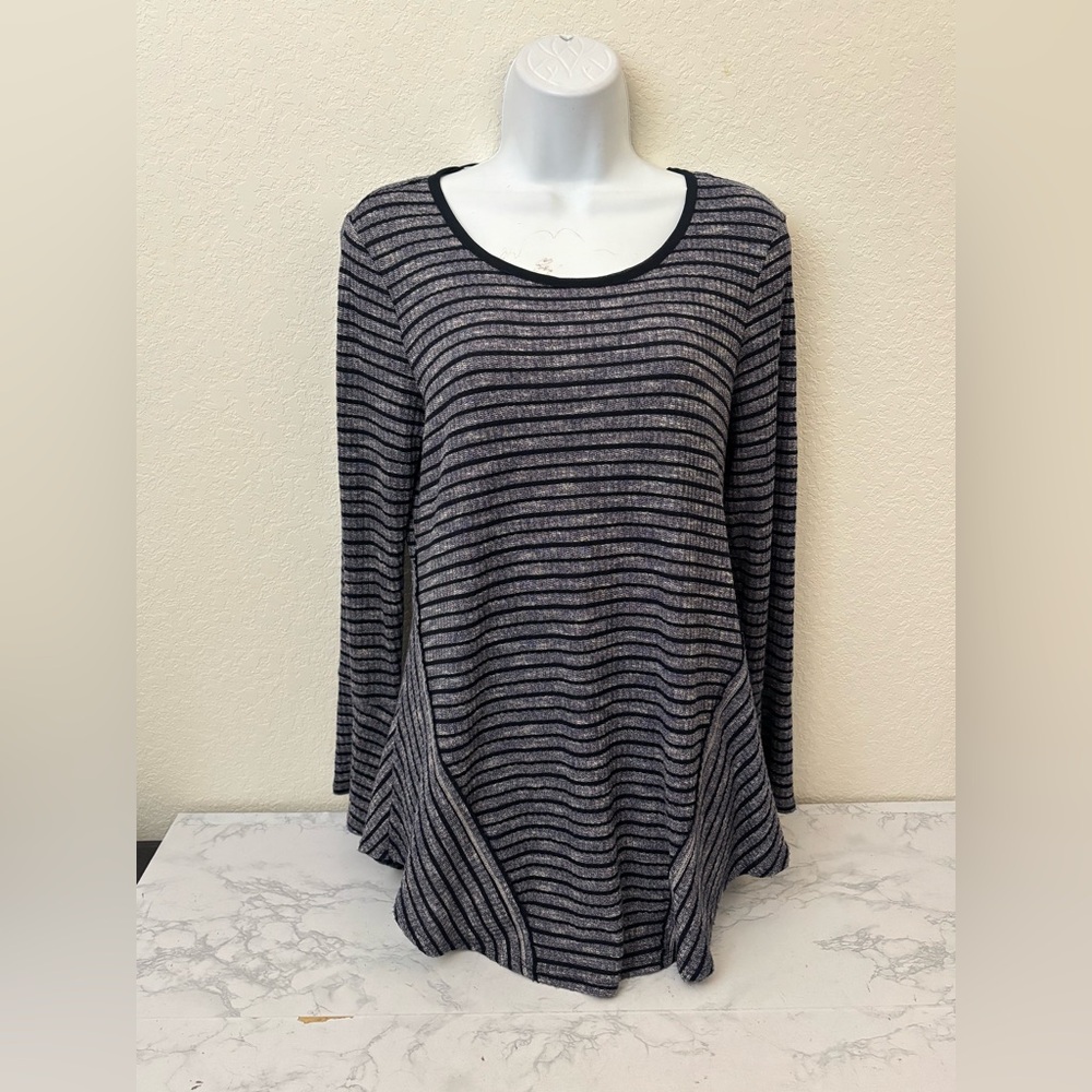Style & Co Womens Sz PM Petite Long Sleeve Pullover Tunic Top Black Striped